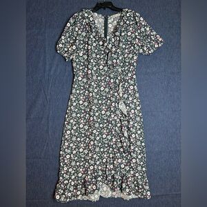 LOFT Dark Green Floral Midi Dress with Pink & White Flowers